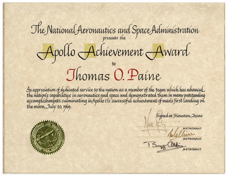 Apollo 11 Crew Signed ''Apollo Achievement Award'' to Thomas O. Paine, Famed NASA Administrator During Apollo 11 -- With Steve Zarelli COA